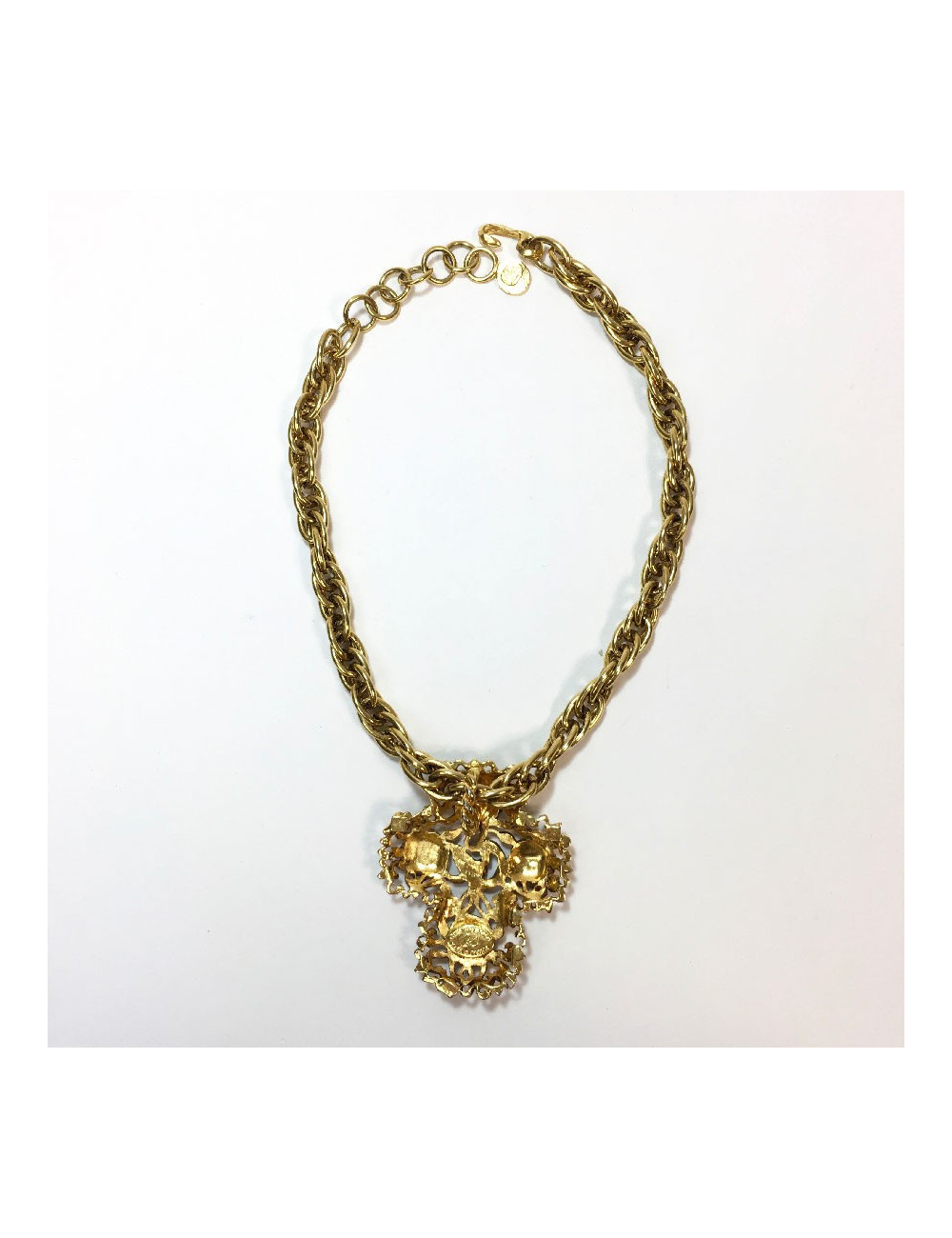 Collier CHRISTIAN LACROIX croix vintage en métal doré et strass
