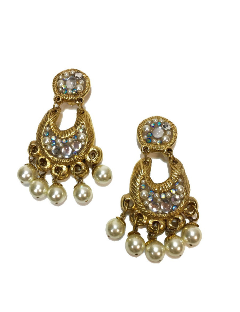 Boucles d'oreille clips JACKY DE G en métal doré, strass et perles