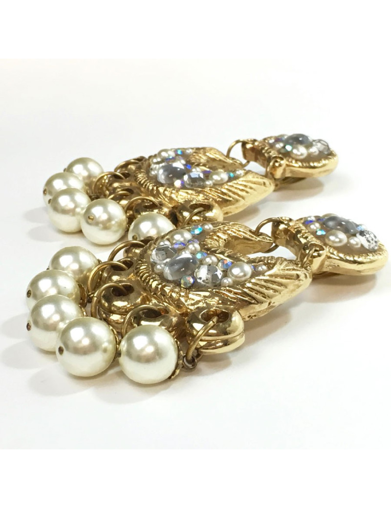 Boucles d'oreille clips JACKY DE G en métal doré, strass et perles