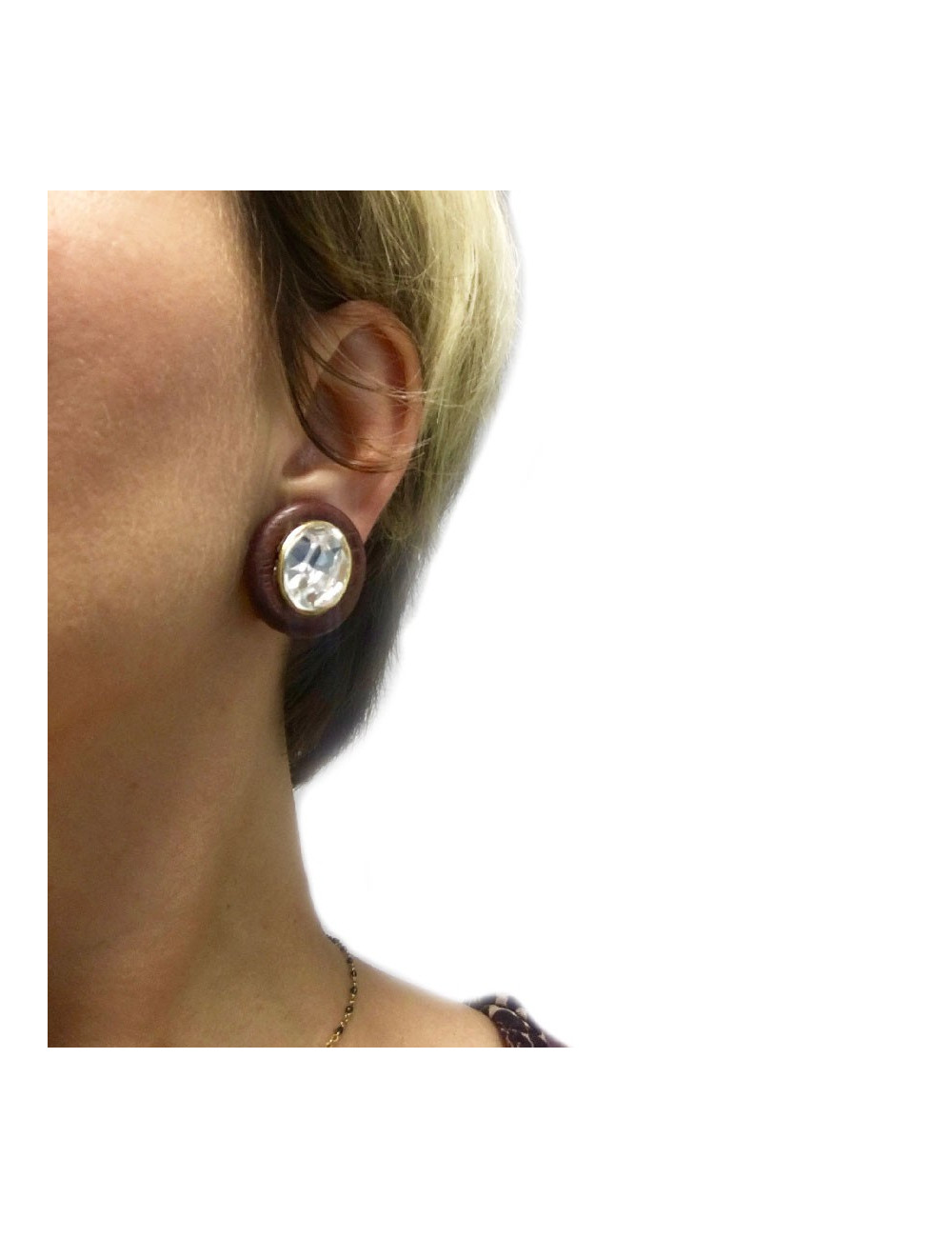 YVES SAINT LAURENT YSL wood and rhinestones clip-on earrings