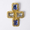 YSL YVES SAINT LAURENT Vintage cross pendant brooch set with 2 tones of blue cabochon