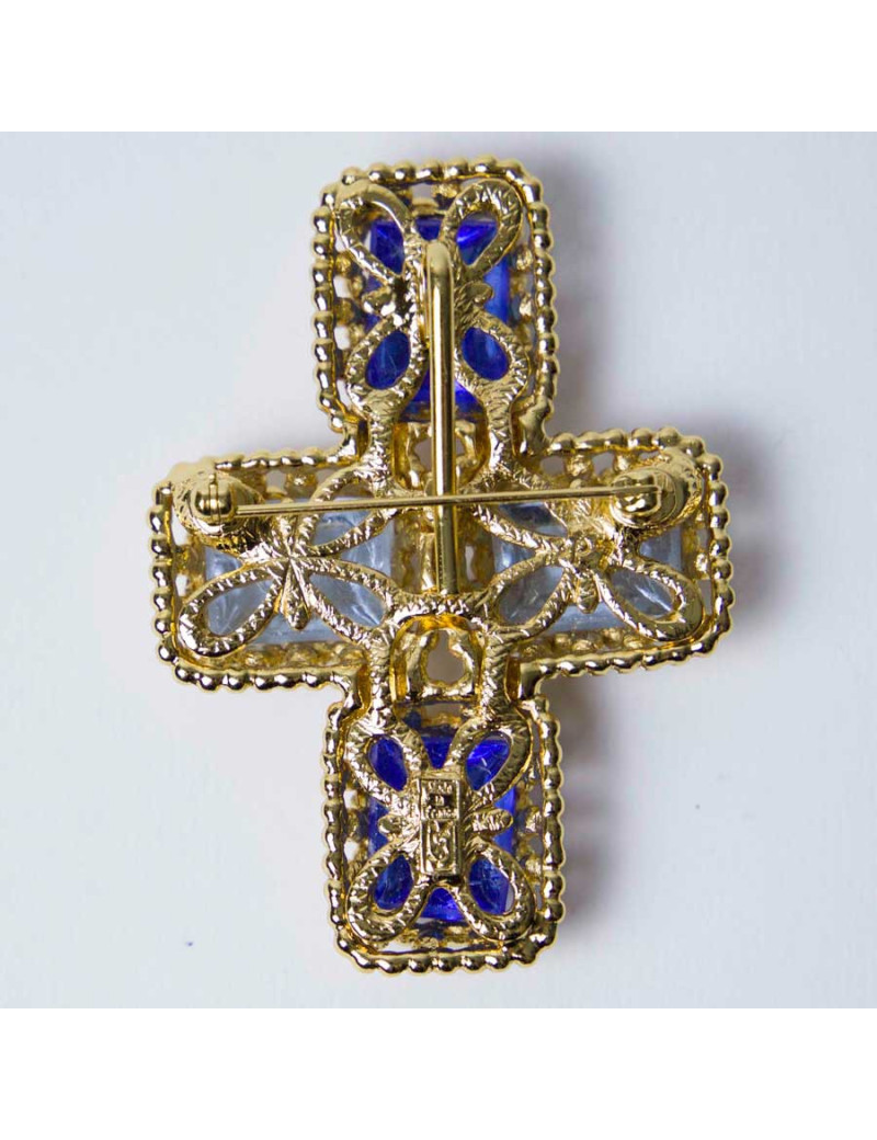 YSL YVES SAINT LAURENT Vintage cross pendant brooch set with 2 tones of blue cabochon
