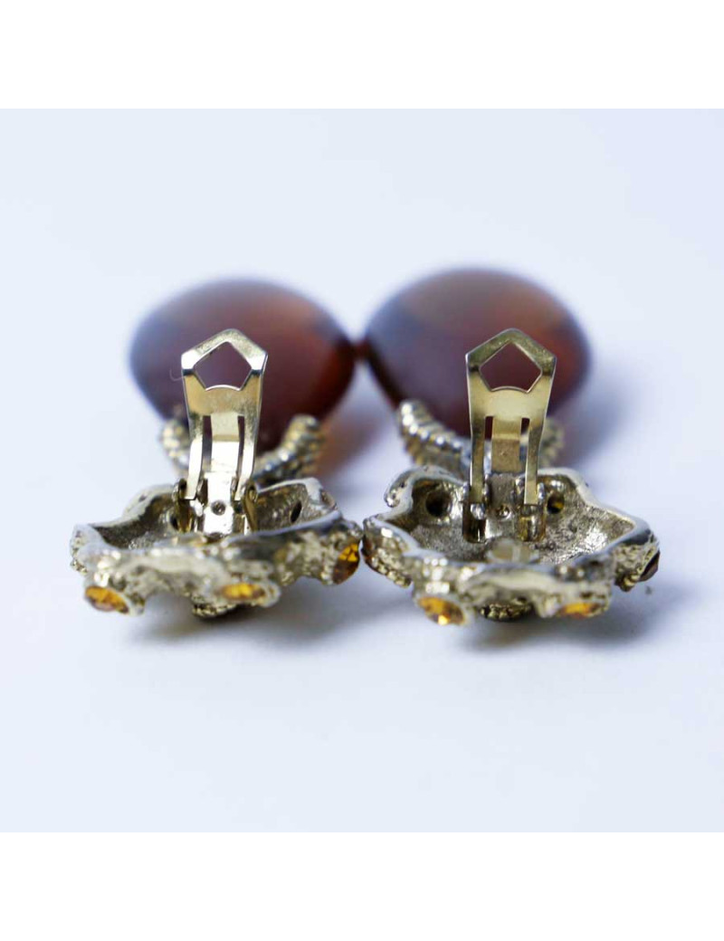 Boucles d'oreilles clips pendantes vintage ambrés sans marque