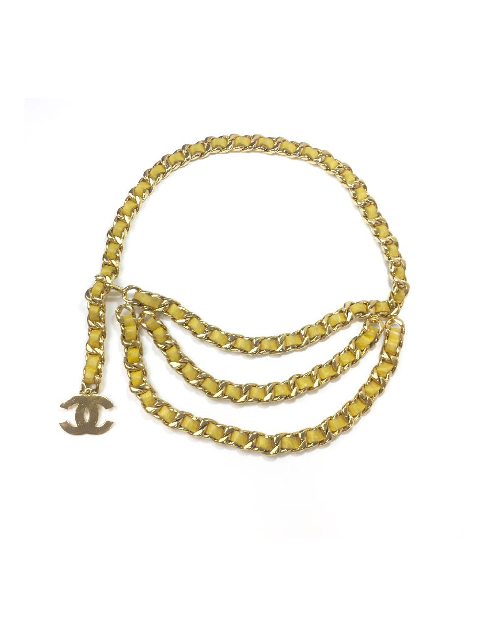Ceinture CHANEL Vintage chaine entrelacée de cuir jaune