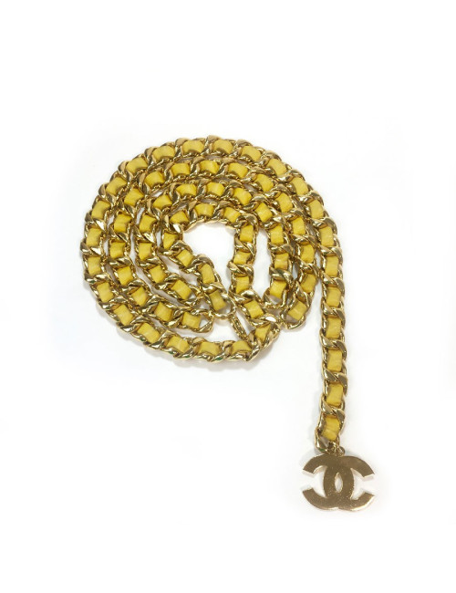 Ceinture CHANEL Vintage chaine entrelacée de cuir jaune