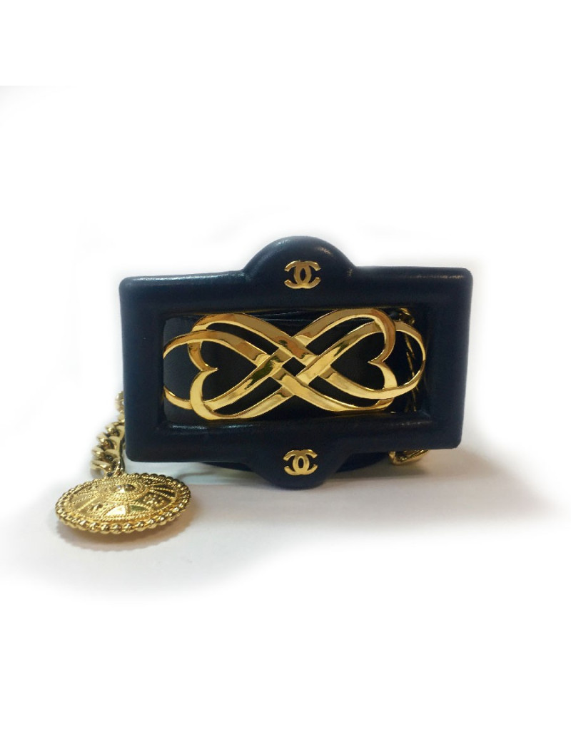 Ceinture CHANEL Vintage noire et métal doré