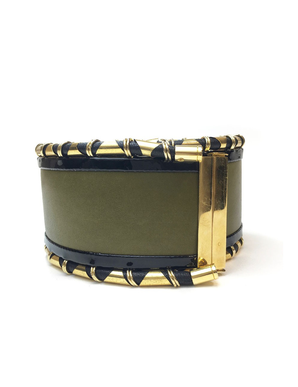 Ceinture BALMAIN cuir vet kaki cuir verni noir et tubes dorés