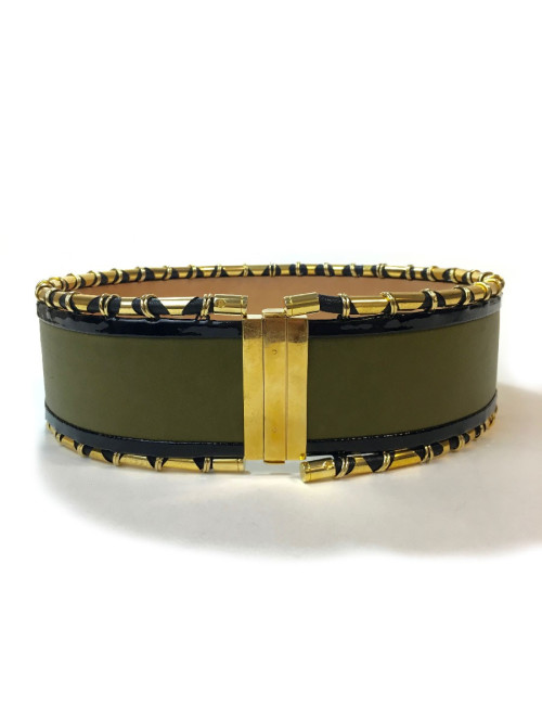 Ceinture BALMAIN cuir vet kaki cuir verni noir et tubes dorés