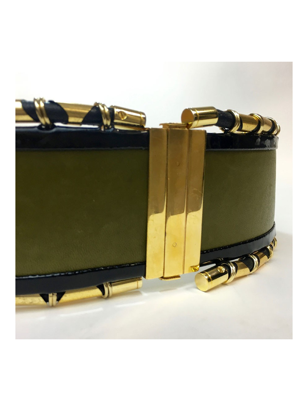 Ceinture BALMAIN cuir vet kaki cuir verni noir et tubes dorés