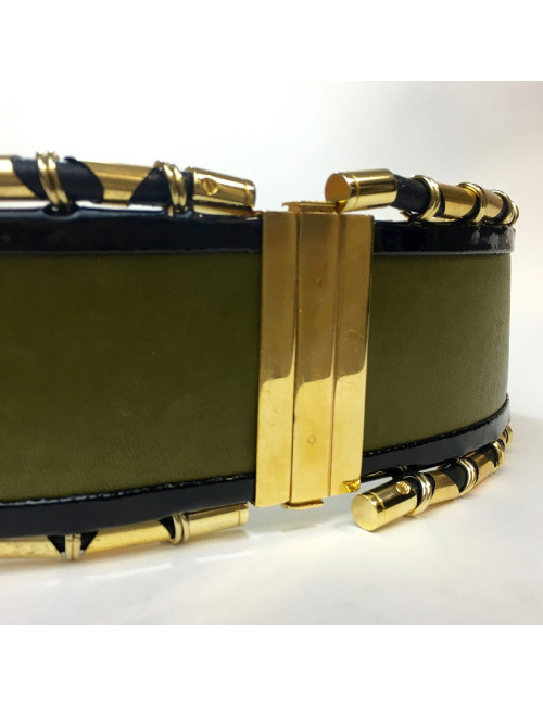 Ceinture BALMAIN cuir vet kaki cuir verni noir et tubes dorés
