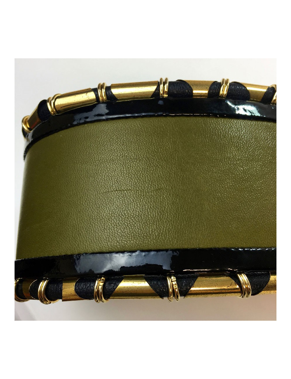 Ceinture BALMAIN cuir vet kaki cuir verni noir et tubes dorés