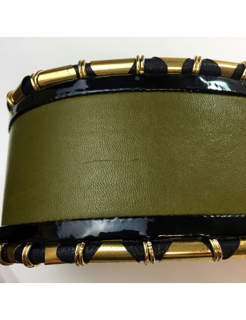 Ceinture BALMAIN cuir vet kaki cuir verni noir et tubes dorés