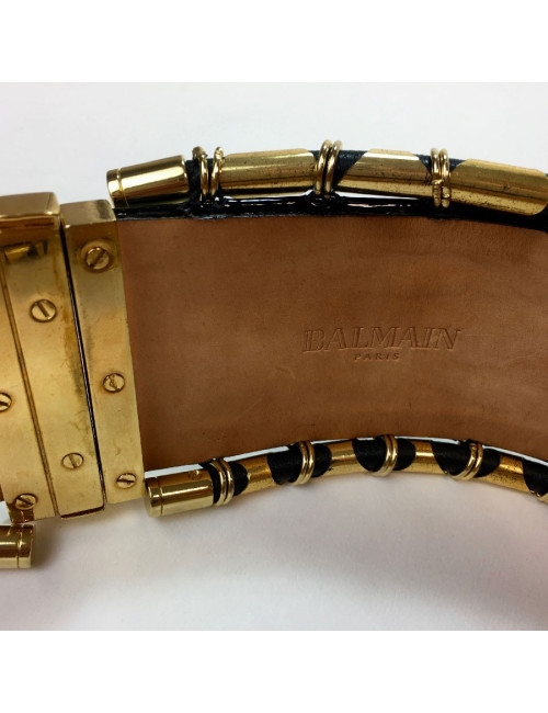 Ceinture BALMAIN cuir vet kaki cuir verni noir et tubes dorés