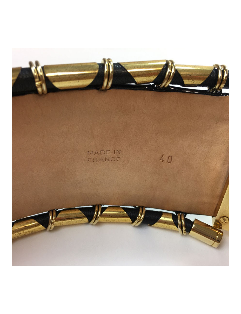 Ceinture BALMAIN cuir vet kaki cuir verni noir et tubes dorés