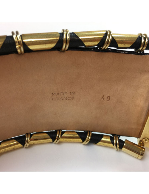 Ceinture BALMAIN cuir vet kaki cuir verni noir et tubes dorés