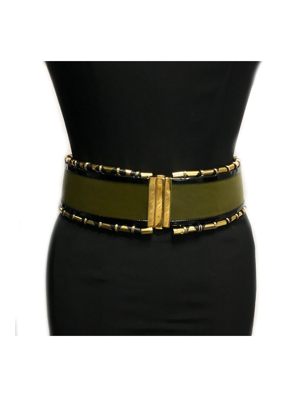 Ceinture BALMAIN cuir vet kaki cuir verni noir et tubes dorés