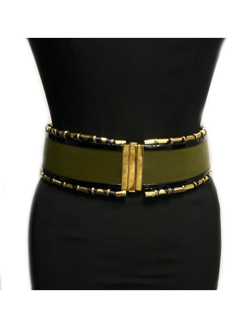 Ceinture BALMAIN cuir vet kaki cuir verni noir et tubes dorés