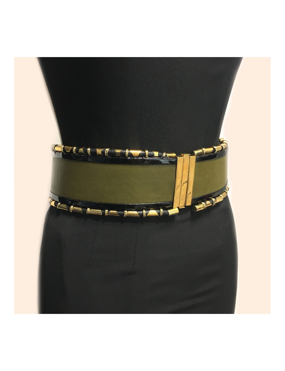 Ceinture BALMAIN cuir vet kaki cuir verni noir et tubes dorés