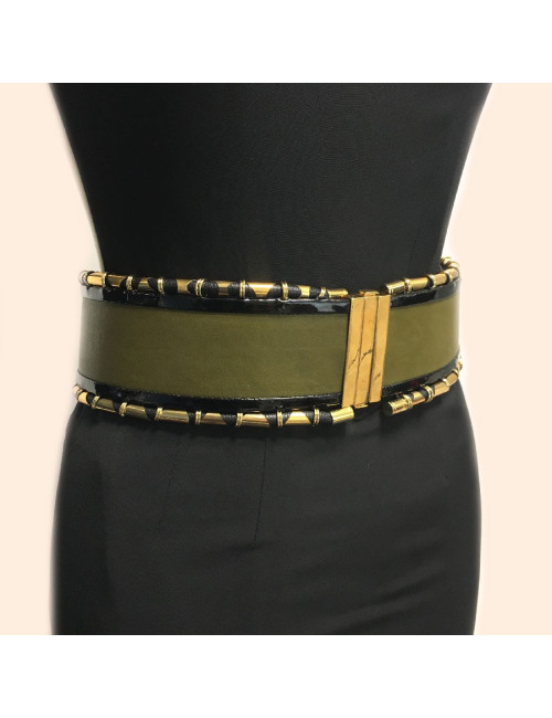 Ceinture BALMAIN cuir vet kaki cuir verni noir et tubes dorés