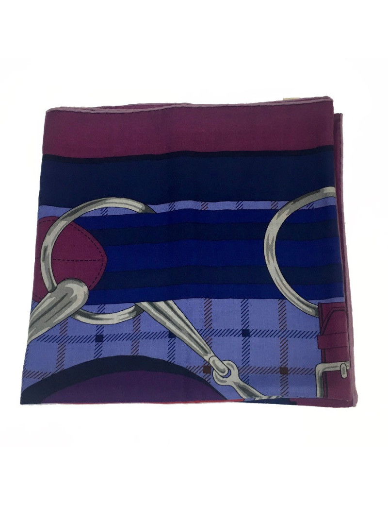 Châle HERMES en cachemire et soie "Tatersale" prune mauve et orange