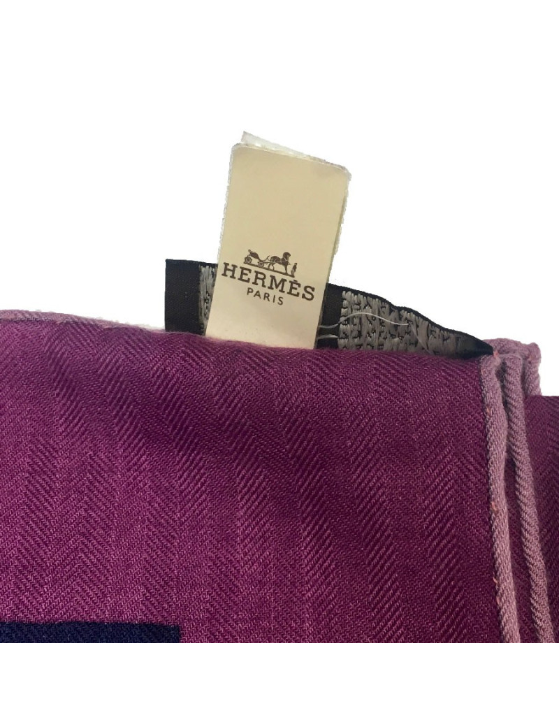 Châle HERMES en cachemire et soie "Tatersale" prune mauve et orange