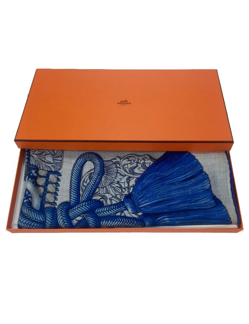 Châle HERMES "Parures de Samouraï" cachemire et soie bleu