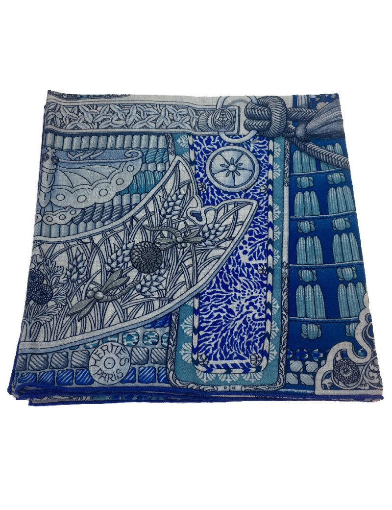Châle HERMES "Parures de Samouraï" cachemire et soie bleu
