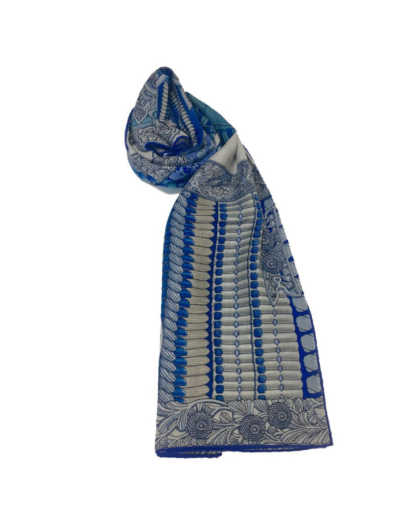 Châle HERMES "Parures de Samouraï" cachemire et soie bleu