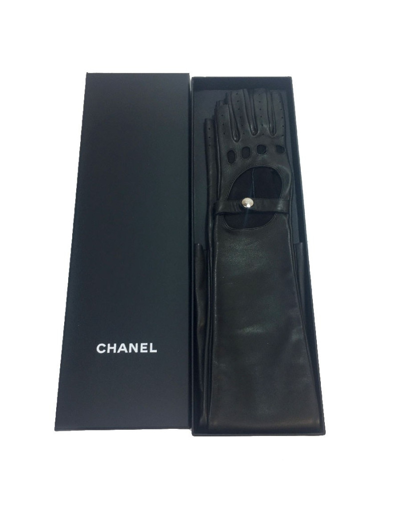 Longues mitaines CHANEL T7 en cuir d'agneau noir