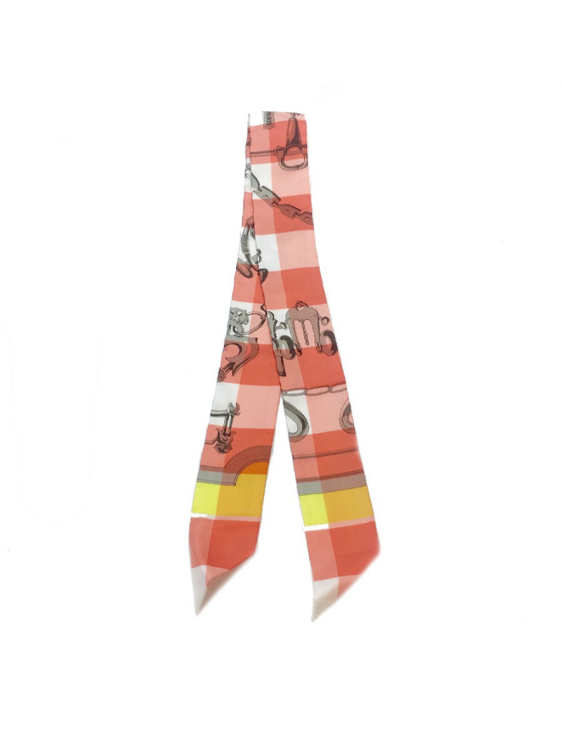 Twilly HERMES "Mors et Gourmettes " en soie vichy rose