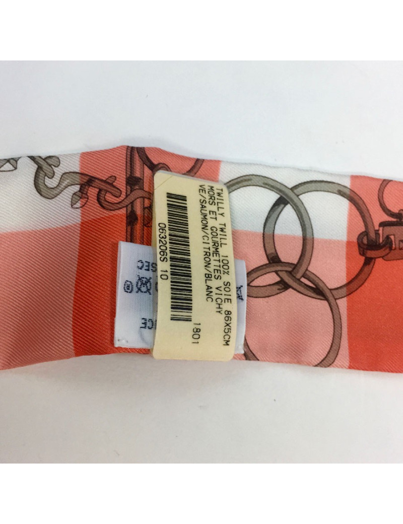 Twilly HERMES "Mors et Gourmettes " en soie vichy rose