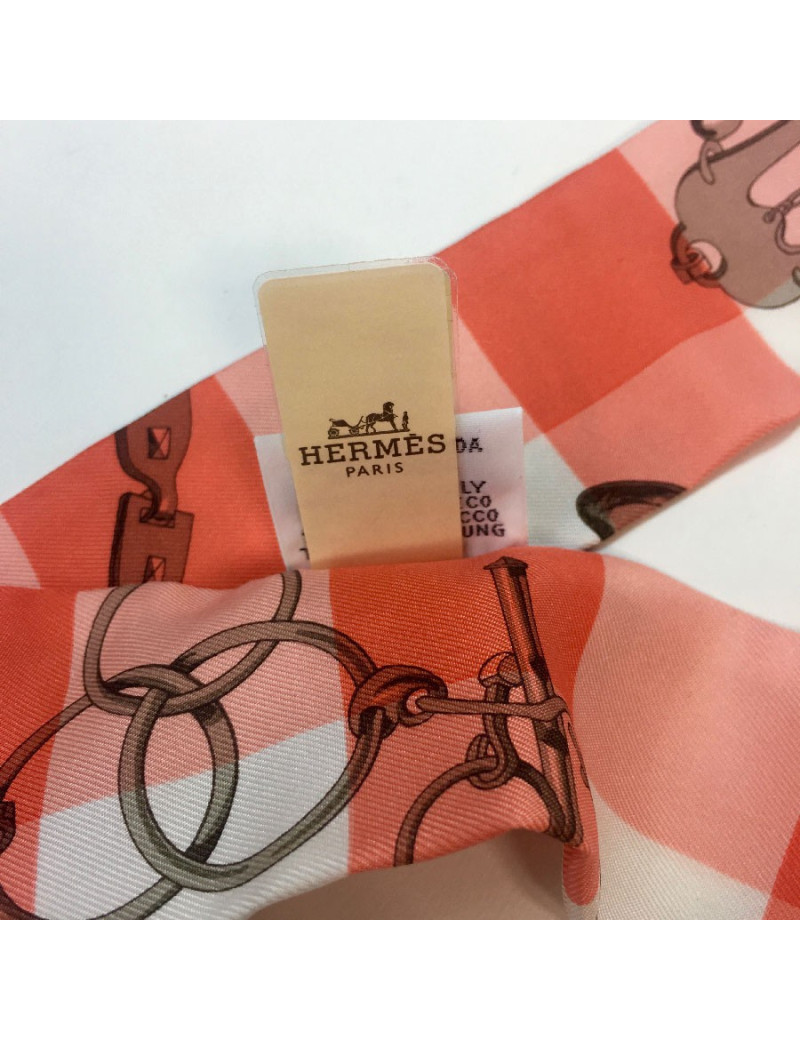 Twilly HERMES "Mors et Gourmettes " en soie vichy rose