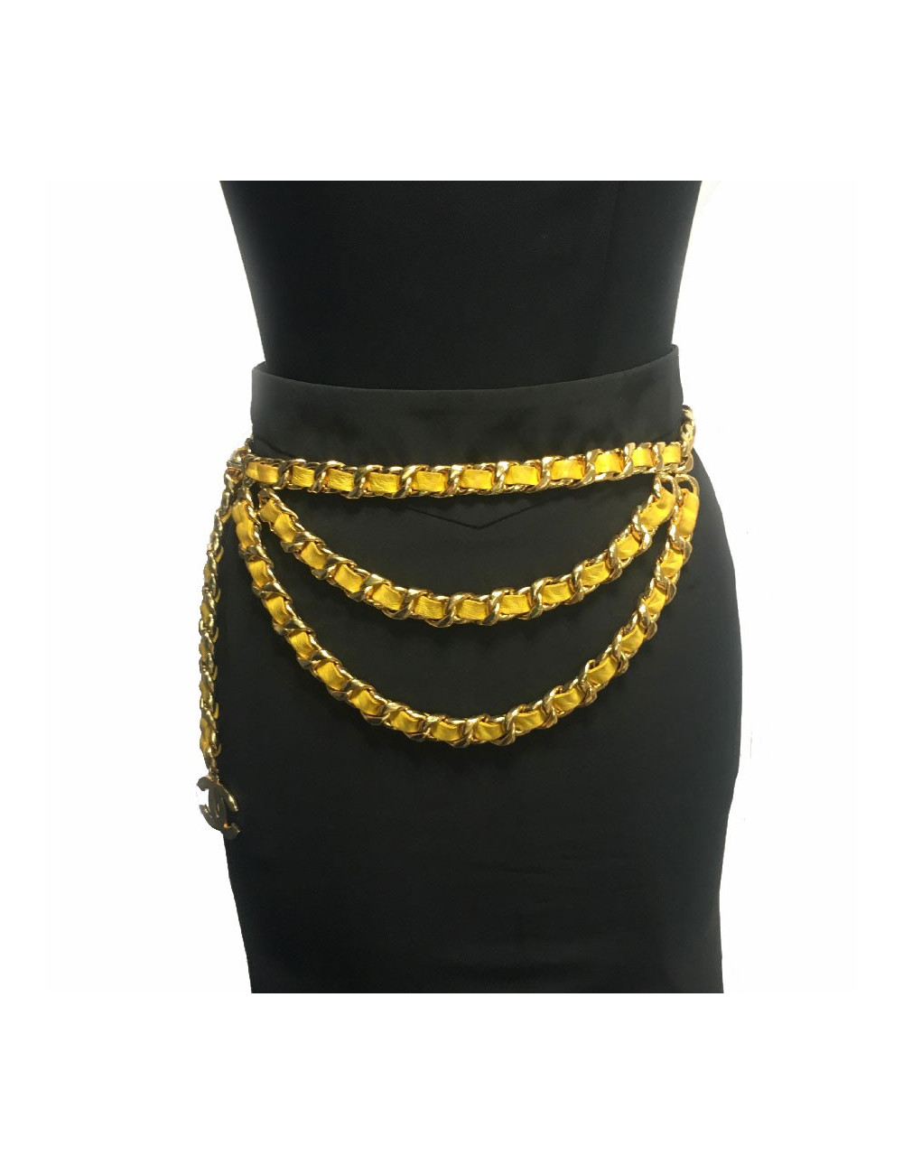 Ceinture CHANEL Vintage chaine entrelacée de cuir jaune