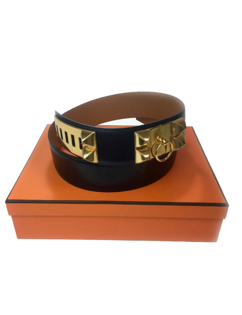 Ceinture HERMES T 90 collier de chien en cuir box noir 
