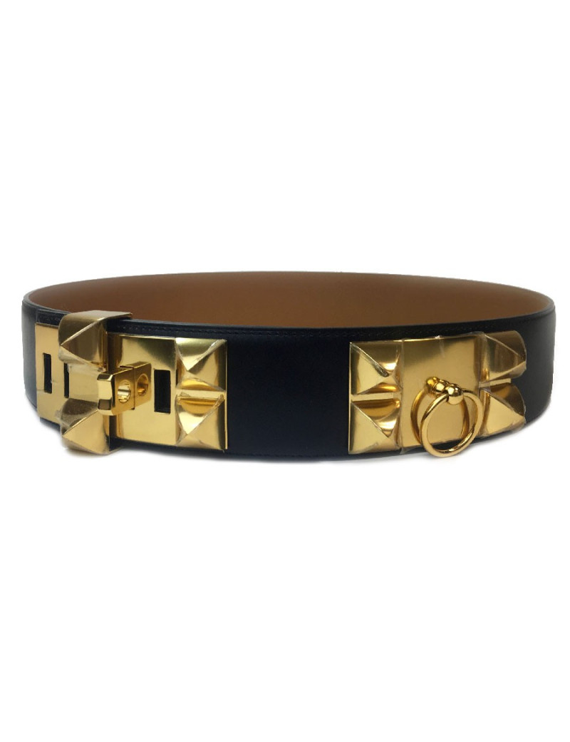 Ceinture HERMES T 90 collier de chien en cuir box noir 