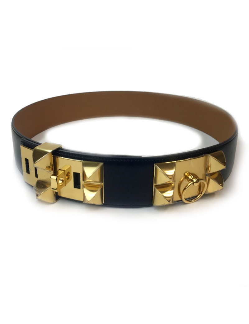 Ceinture HERMES T 90 collier de chien en cuir box noir 