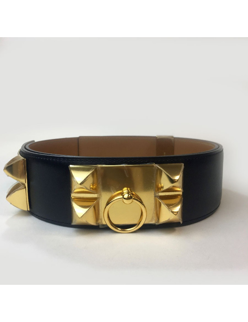 Ceinture HERMES T 90 collier de chien en cuir box noir 
