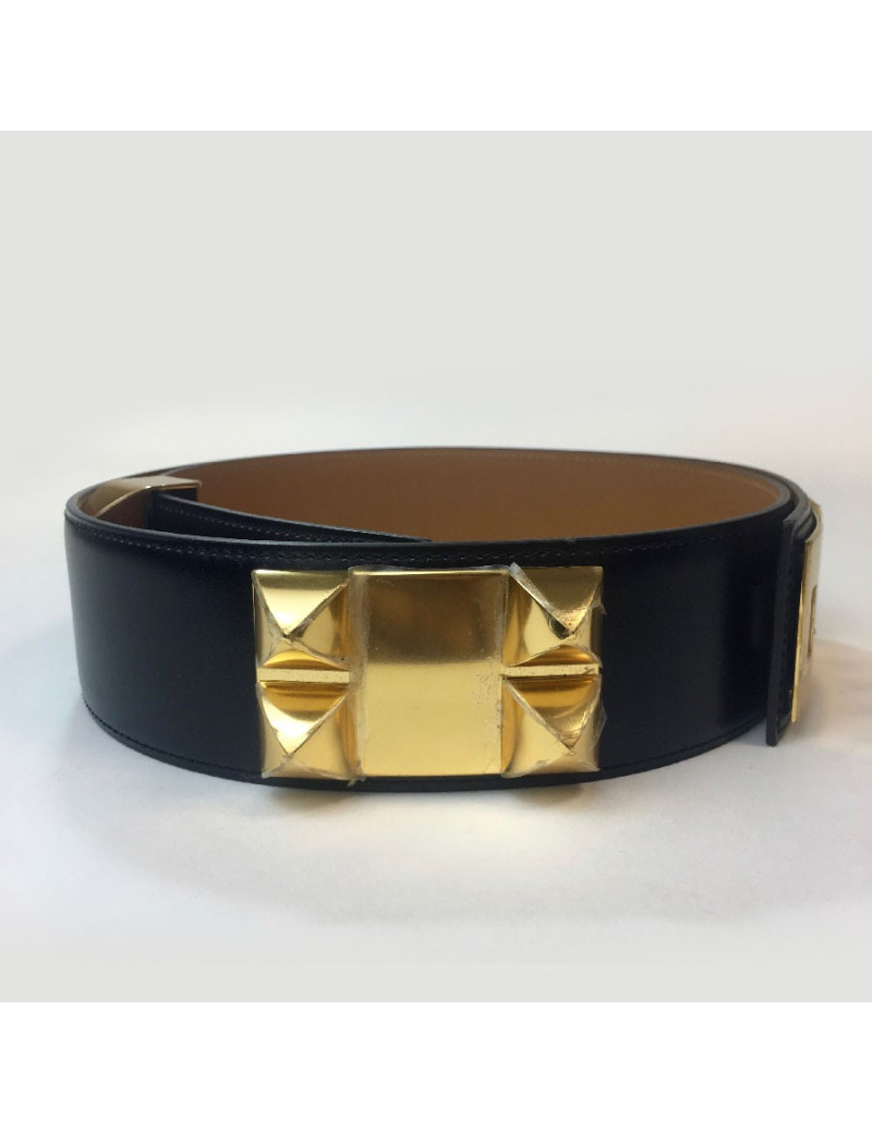 Ceinture HERMES T 90 collier de chien en cuir box noir 