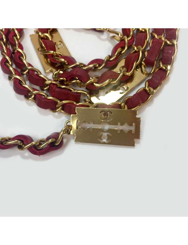 Ceinture CHANEL T90 chaine entrelacée de cuir rouge Vintage