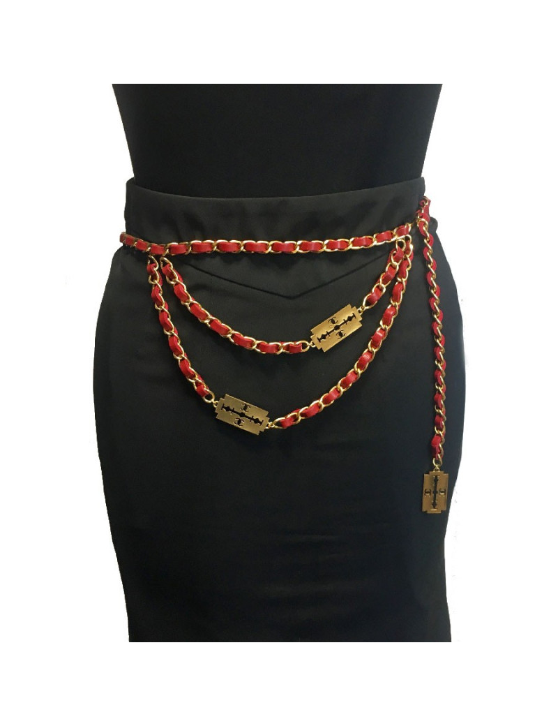Ceinture CHANEL T90 chaine entrelacée de cuir rouge Vintage