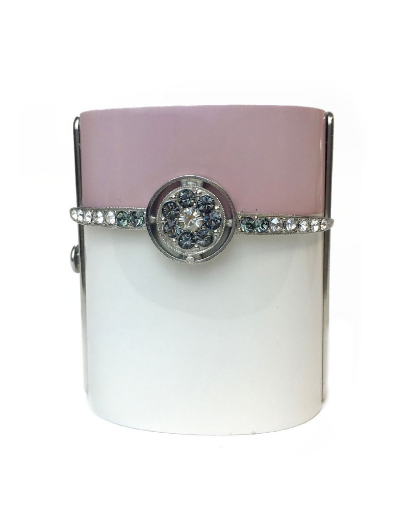 Manchette CHANEL en résine rose et blanc et strass