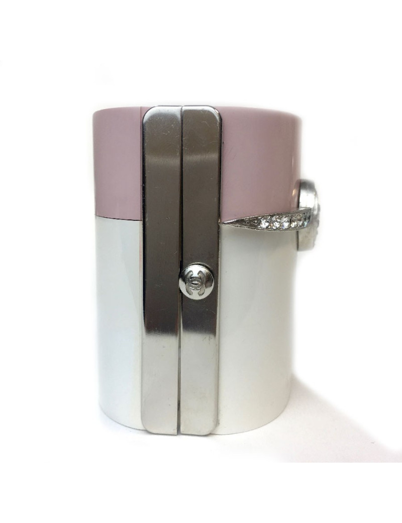 Manchette CHANEL en résine rose et blanc et strass