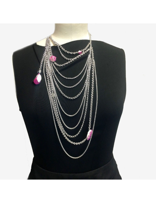 Sautoir DIOR multirangs en métal argenté