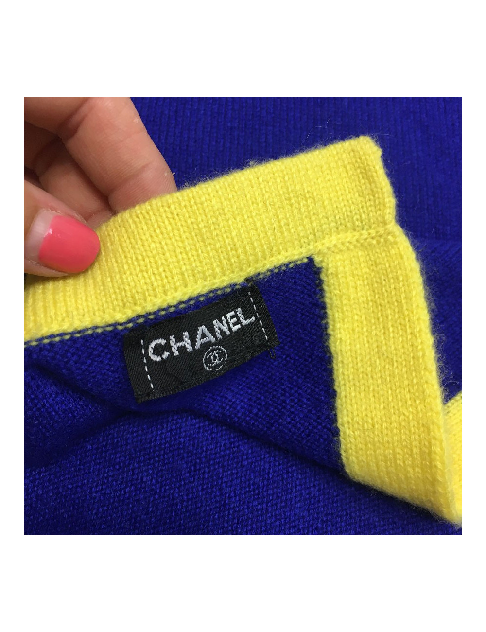 CHANEL blue cashmere with yellow trim shawl