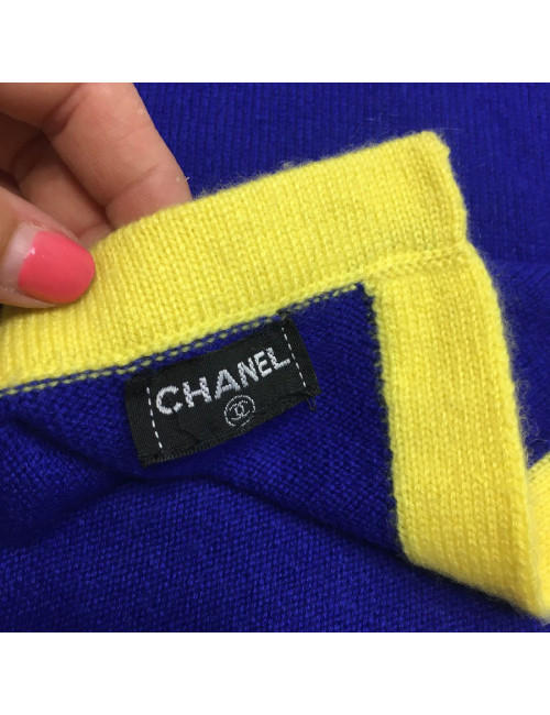 CHANEL blue cashmere with yellow trim shawl