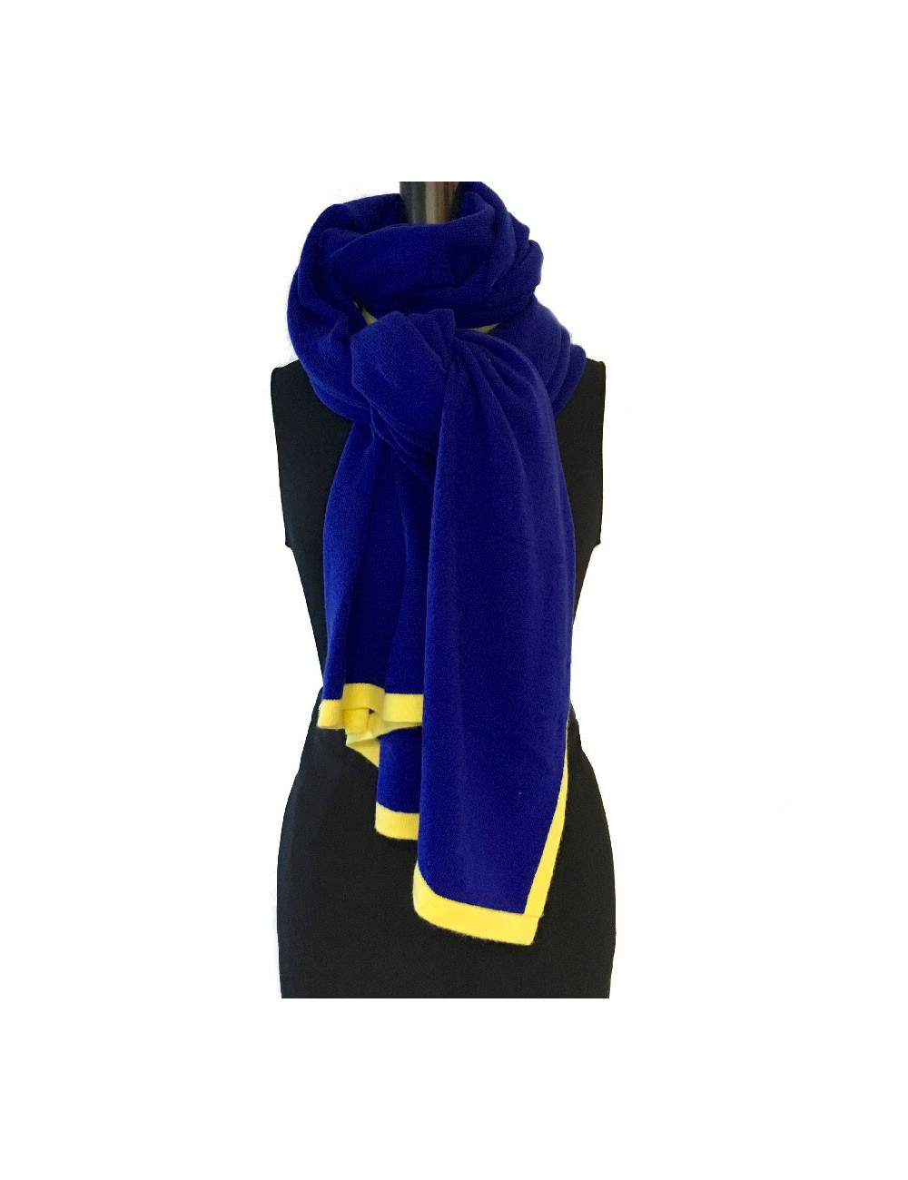 CHANEL blue cashmere with yellow trim shawl