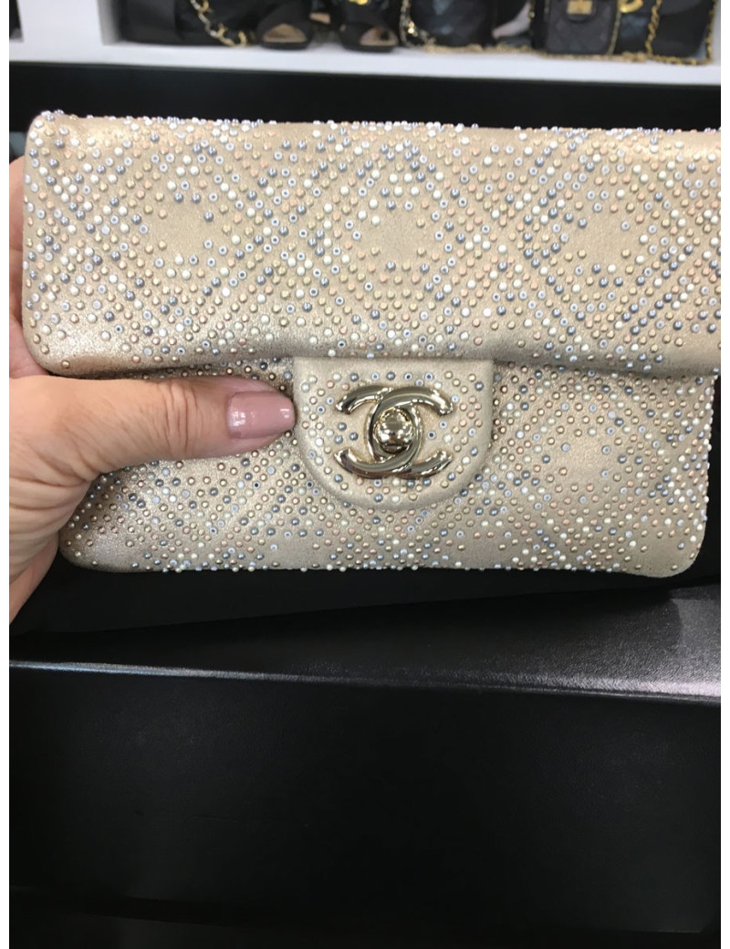 Mini sac du soir CHANEL cuir velours doré champagne