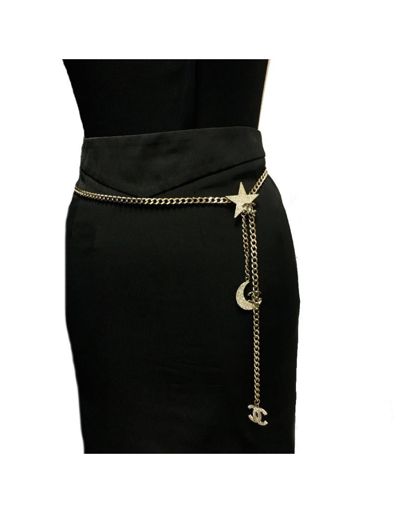 CHANEL chain belt in pale gold metal, moon, star and CC charms