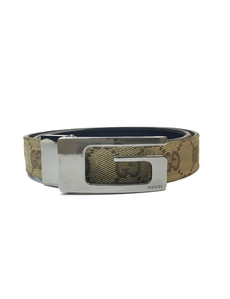 Ceinture GUCCI T 80 en toile monogram beige et cuir marron