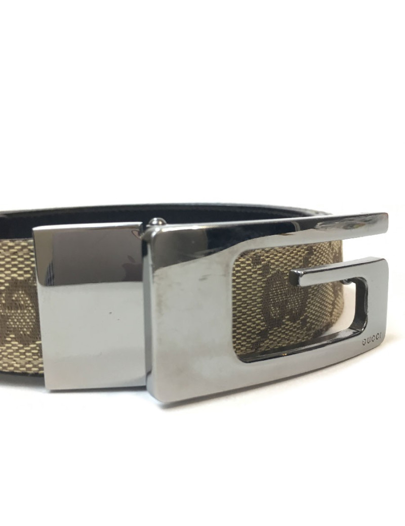 Ceinture GUCCI T 80 en toile monogram beige et cuir marron